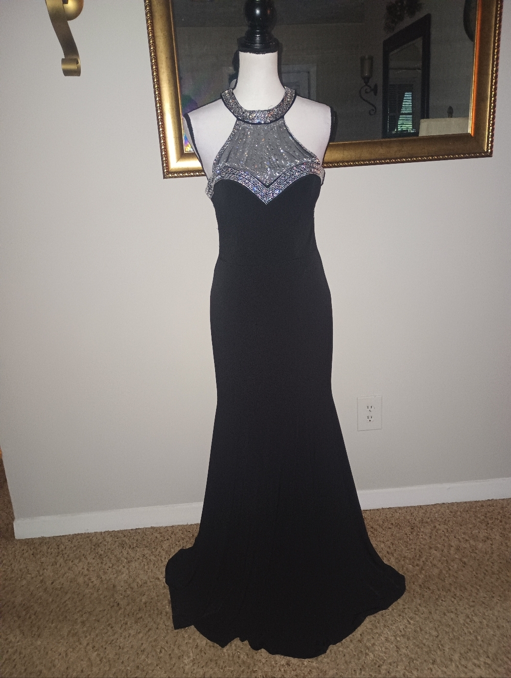 Women's Black Bejeweled Racer Back Evening Dress SZ 6-7